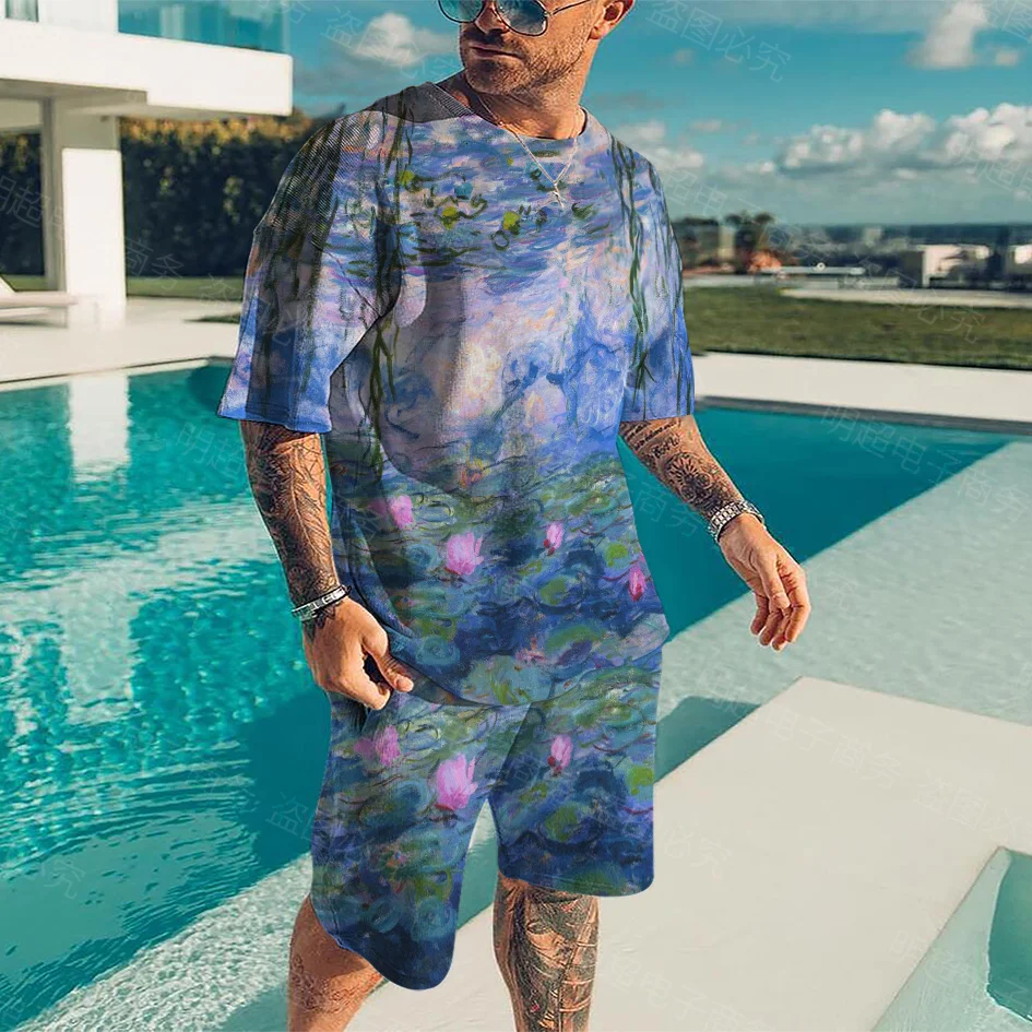 Retro T-shirt Fashion Short-Sleeved Suit Famous Painter Vincent Van Gogh Works Oil Painting Print Men's Shorts Two-Piece Set