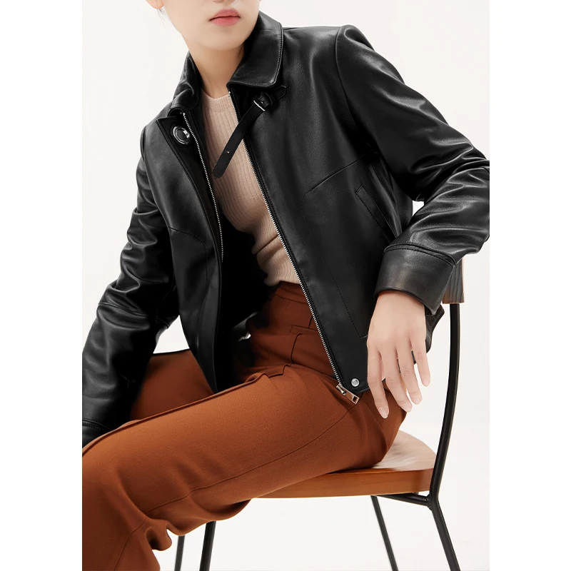 Fashion 2022 New Genuine Leather Jacket Women  Spliced  Autumn/Winter  Streetwear  Zipper  Sheepskin Crop Top Blazer Femme