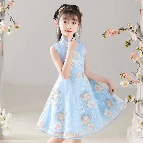 Китайское традиционное платье-Ципао для девочек, элегантное розовое современное платье без рукавов, для свадьбы, детской одежды