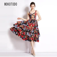 2022 summer new women maxi party dresses ladies clothing causal vintage sexy elegant fashion floral v neck tank mid calf dress
