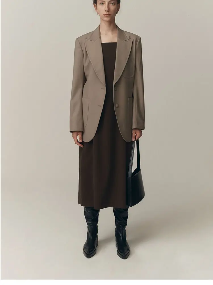 

Women Blazer Notched Single Breasted Long Sleeve Pockets Solid Color Simple Suit
