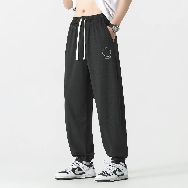 

2023 Ankle-Lenth Black Streetwear For Summer Hip Hop Harem Ice Silk Running Pants Men's Casual Oversize Joggers Trouers