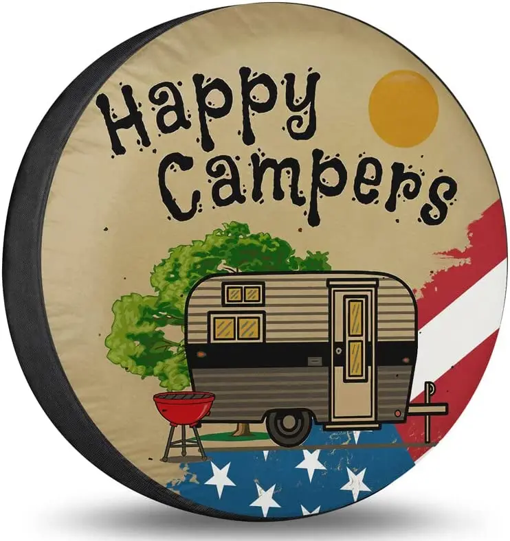

Spare Wheel Tire Cover Happy Camper Flag Spare Tire Cover Wheel Protectors Weatherproof for Camper Trailer Truck Travel Trailer