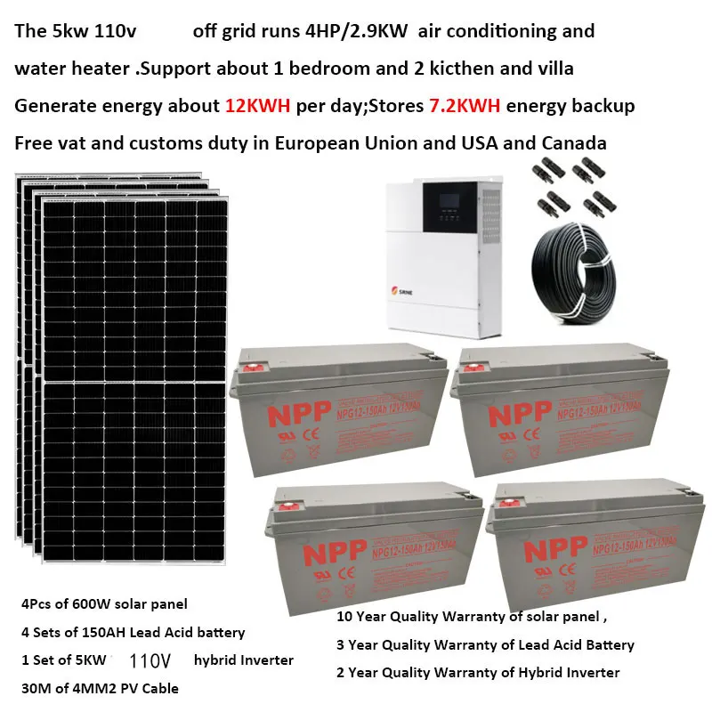 Solar System 5000W 220V 110V PV Panel 400W 500W 600W UPS Hybrid Inverter Battery 150AH Off Grid System House Car 4HP Heater Home