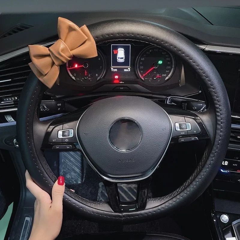 

New Bow Tie Car Steering Wheel Cover Fashion Leather Non-slip Four Seasons Leather Cover Summer Car Decorations
