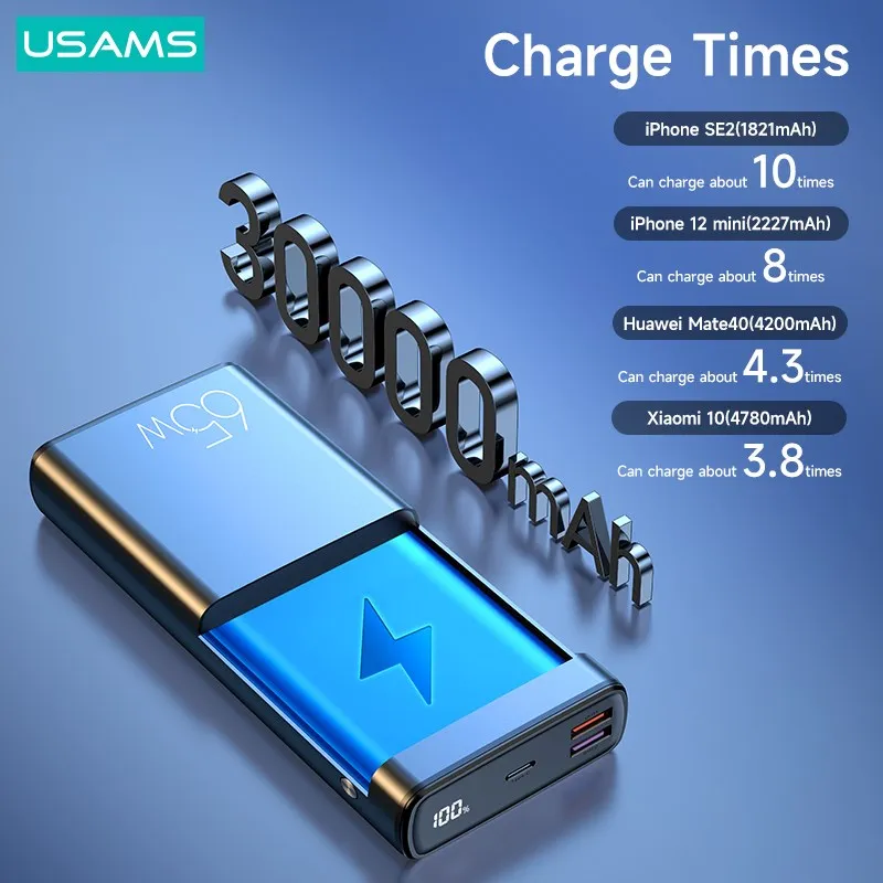 USAMS 30000mAh PD 65W Power Bank QC AFC FCP Быстрая зарядка Powerbank Портативный внешний аккумулятор