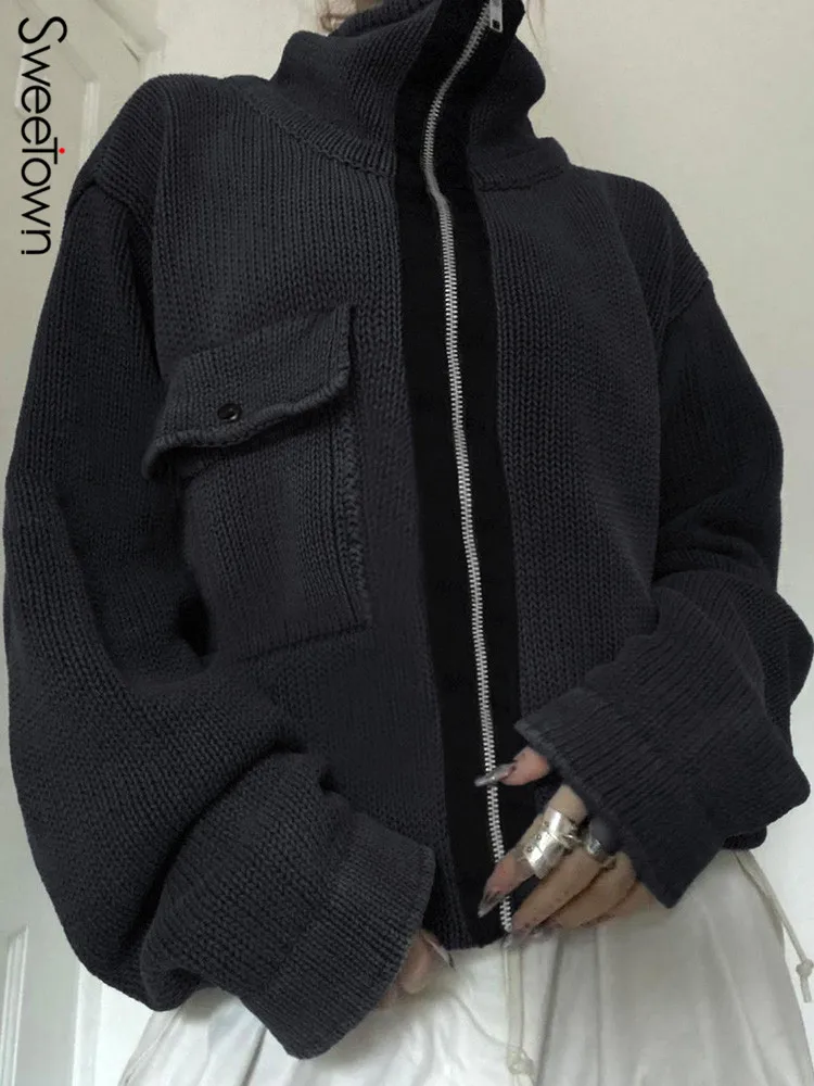 

Sweetown Zip Up Turtleneck Knitted Winter Jackets Coats Women Single Big Pocket Cargo Cardigan Sweaters Casual Harajuku Knitwear