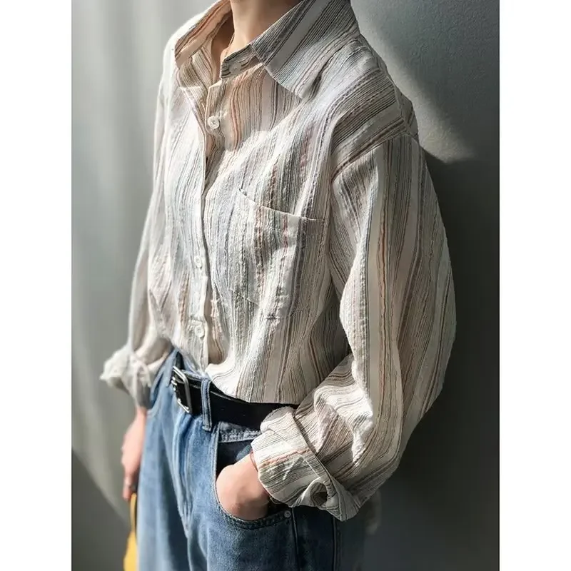Plus Size Women's Shirt Original Striped Folded Sleeve Spring Summer Long Japanese Style Top Chinese with Pocket |
