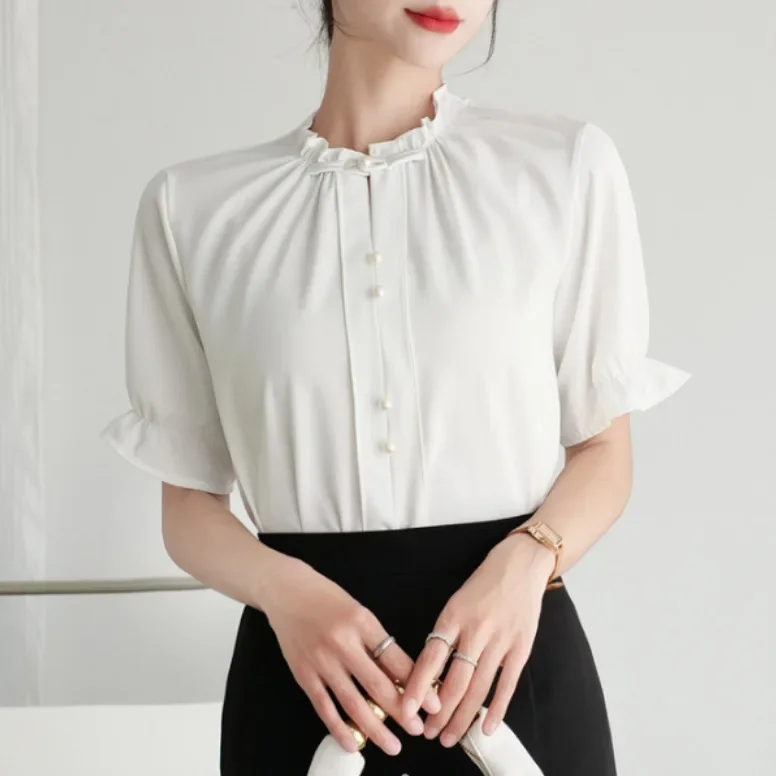 Элегантный топ с v-образным вырезом женская белая рубашка короткими рукавами и