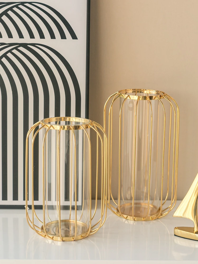 

Скандинавская простая ваза из золотистого стекла, гидропонная железная Геометрическая стеклянная пробирка, металлический держатель для р...