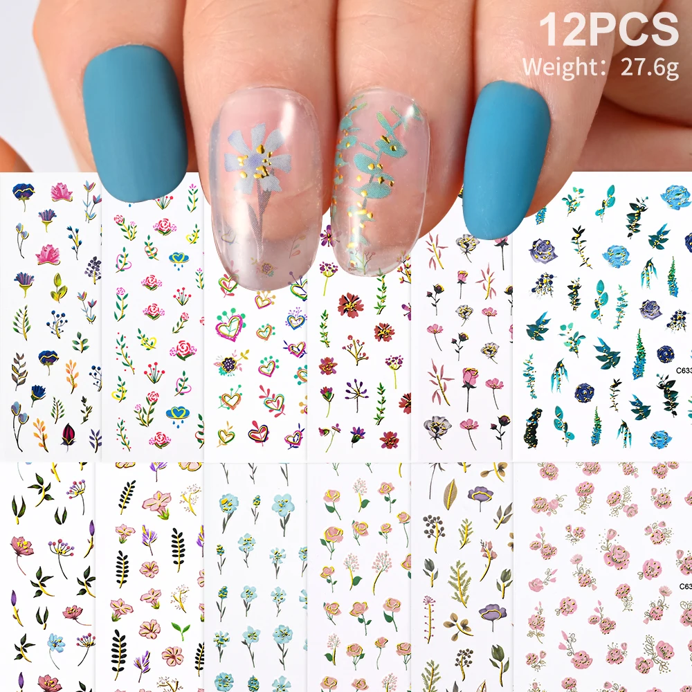Набор 3D наклеек для ногтей с горячим тиснением 12/6 шт. лист цветок простой декор