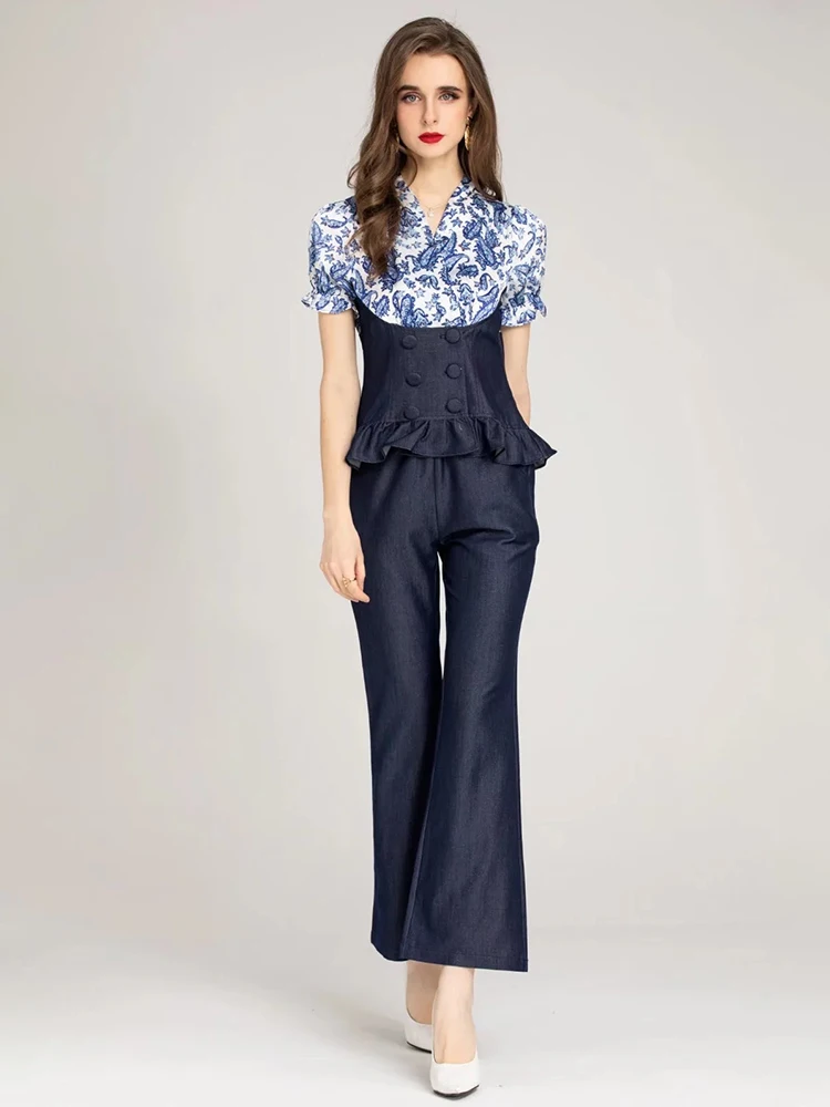 

Svoryxiu Fashion Summer Two Piece Set Women's V-Neck Flare Sleeve Patchwork Floral Print Slim Top+ Elastic Waist Long Pants Suit