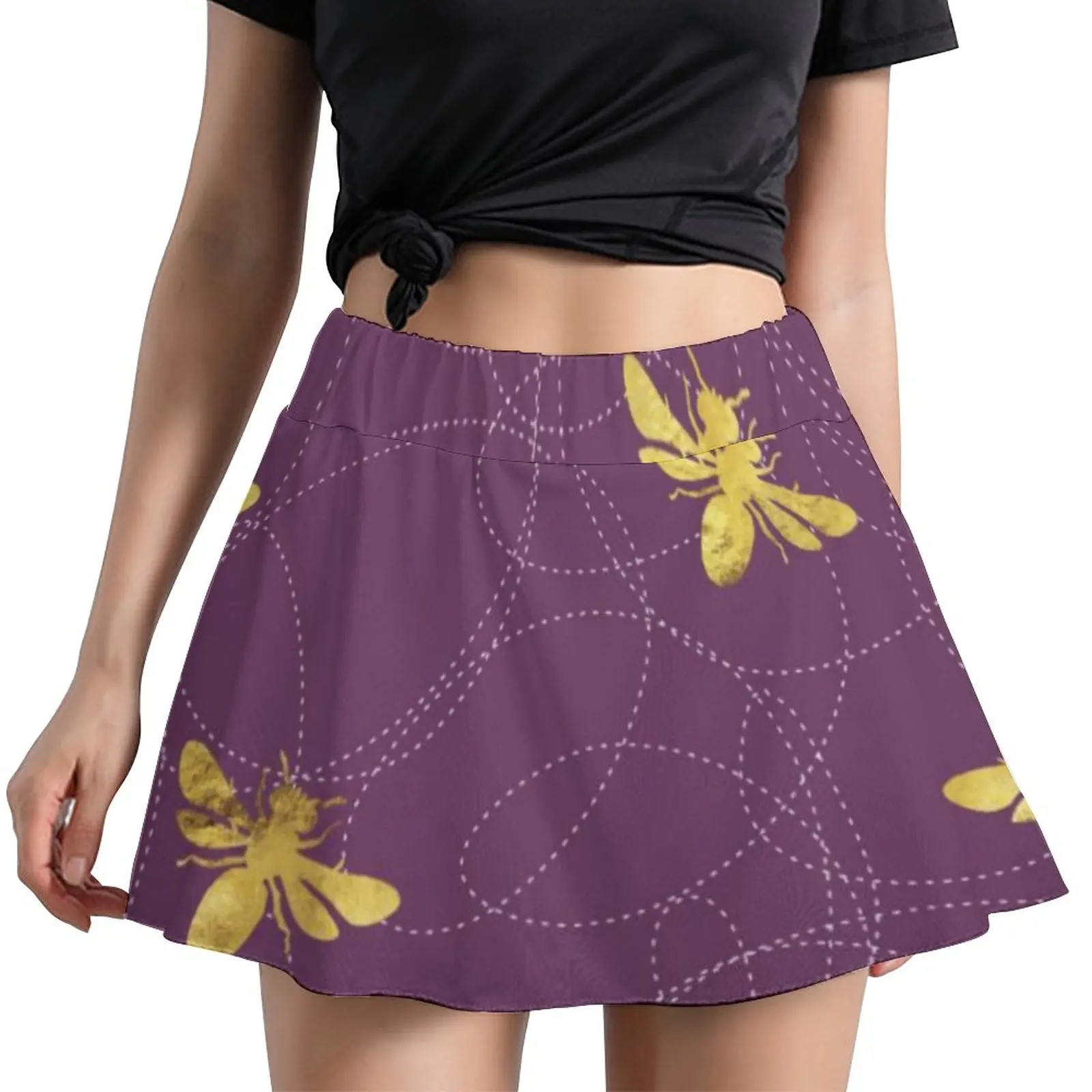 

Gold Bees Skirt Female Animal Honeybee Print Elegant Mini Skirts Spring Harajuku Elastic Waist Oversized Casual A-line Skirt
