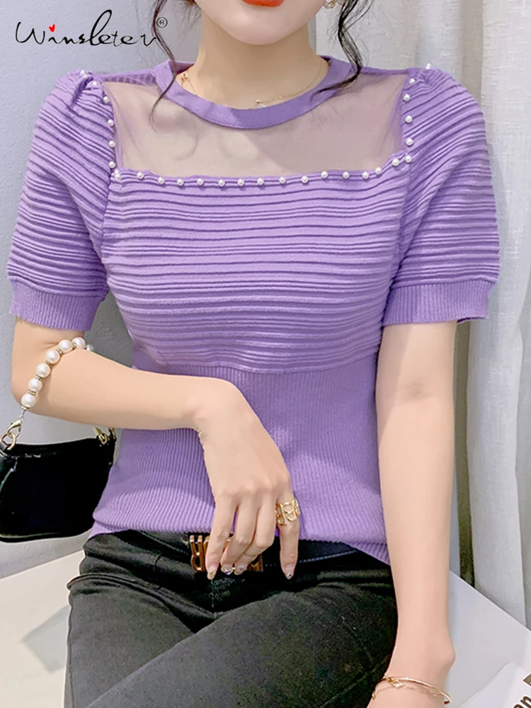 

Winsleter Summer European Clothes Knit T-shirt Slim Diamonds Mesh Tops For Women Tees Stretchy Short Puff Sleeve New T32115X