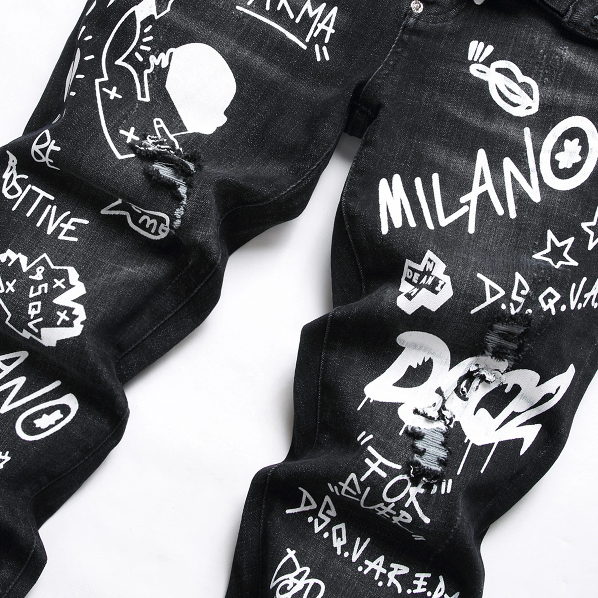 Fashionable New Men's Jeans Hip Hop Style Print Slim Button-Down Small Straight Pants Party Dance Denim Pants For Men Streetwear