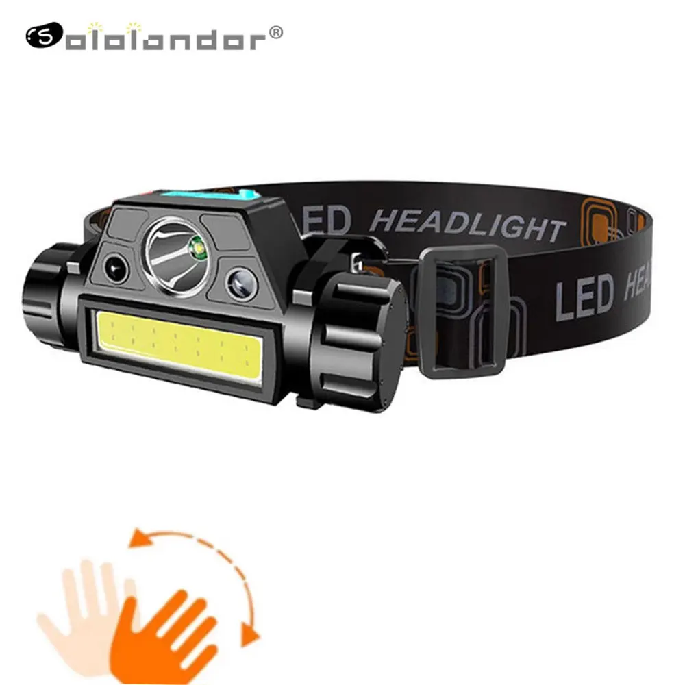 

Up graded Body Motion Sensor function XPE LED built-in 18650 battery LEDs headlamp COB work light 2 light mode for Camping Torch