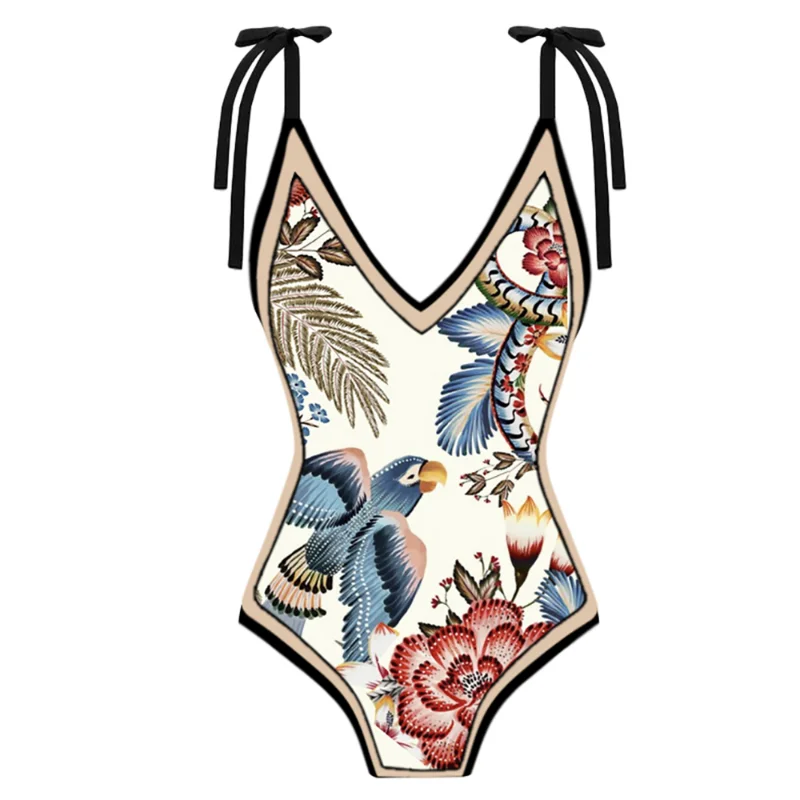 Colorful Printed String Strap Bikini Suit V Neck Gathering Sexy Backless Swimsuit Women Bow Cross Strap Beachwear Fashion