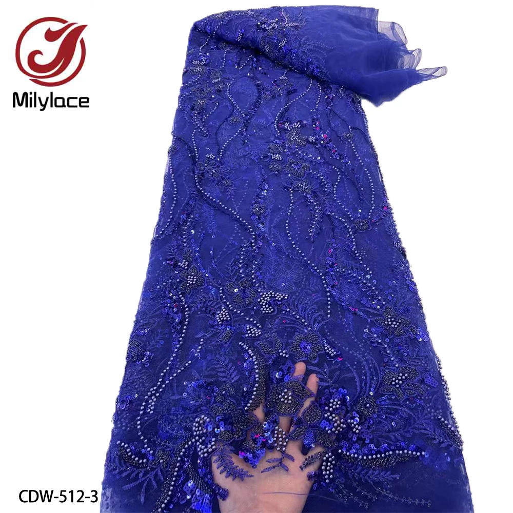 

Latest Beaded Lace Fabric High Quality African Sequins Lace Fabric Handmade Beads Lace Fabric for Bridal Material 5yards CDW-512