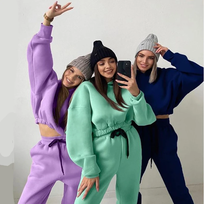 

2022 Winter New Fashion Women's Hooded Long-sleeved Knitted Hoodie Sports Suit Two-piece Casual Fleece Lady Suit