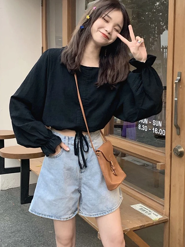 

GGRIGHT Vetemznt Femme Camisas De Mujer 2022 Summer Woman Clothes Long Sleeve Blouse Top Loose Tie Bow Black Cotton Blouses