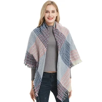 chenkio womens warm blanket scarf square winter shawls lady tassel shawl wraps scarves stripe plaid scarf foulard triangle femme