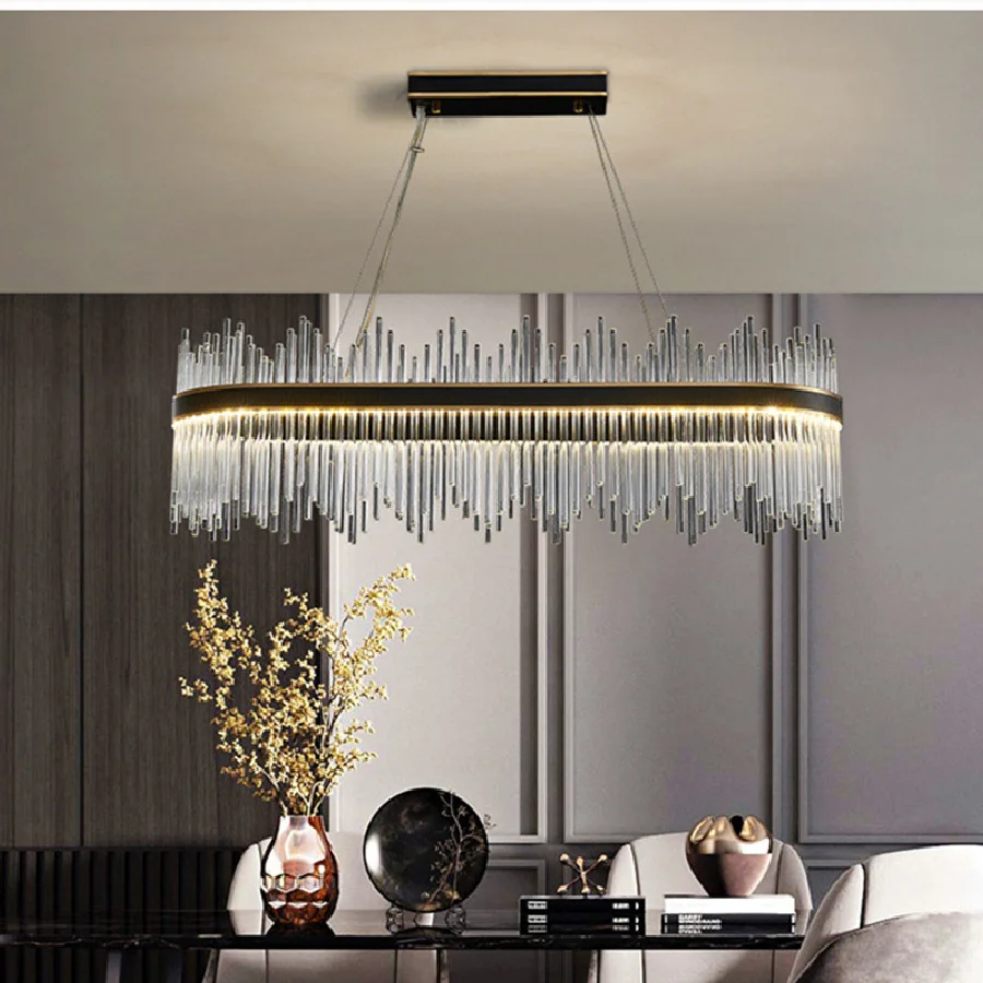 

Dining Room Lustre Crystals Led Pendant Lamp Oval Metal Modern Luminarias Hanging Lamp Dining Table Luxury Suspend Lamp Fixtures