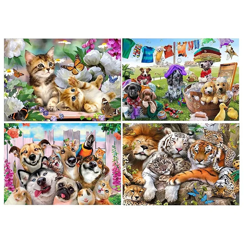 

4Pcs DIY Adult Kids Full Diamond Round Diamond Painting Kit, Cat Tiger Animal Home Wall Decor 30X40cm