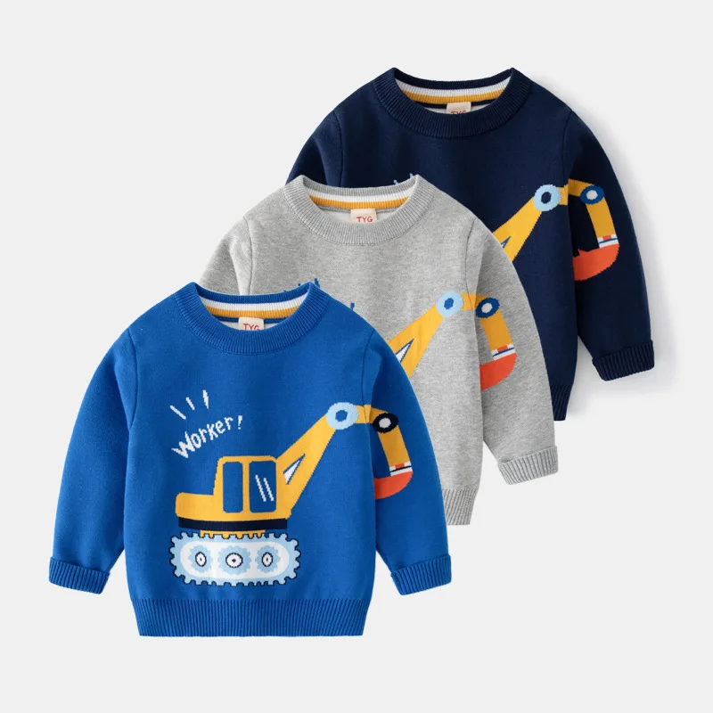 

Свитер для мальчиков 2-7 лет, детский пуловер на осень и зиму, свитер с круглым вырезом, детский топ с длинным рукавом для экскаватора