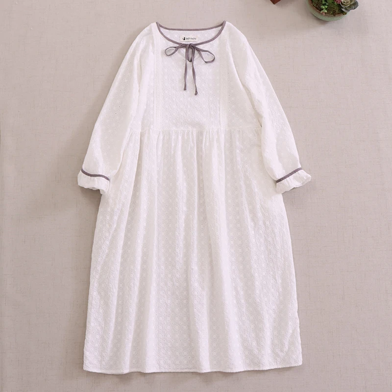 

Fall Cotton Linen Eyelet Lace Embroidery Long Sleeve Loose Tunic White Midi Dress Mori Girl Vintage Retro Chic Cottagecore Dress