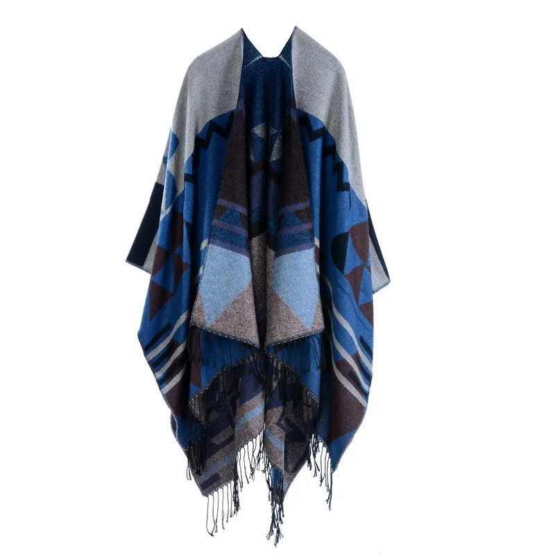 Autumn Winter Geometric pattern tassel Double sided Split Warm Cape Women Imitation Cashmere  Poncho Lady Capes Blue Cloaks