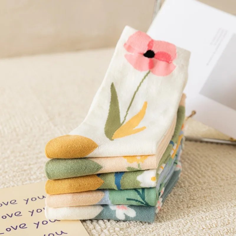 Fashion New Ins Cute Plant Sock Set for Women Trend Personality Kawai Flower Colorful Cotton Socks 5 Pairs Girls Gift