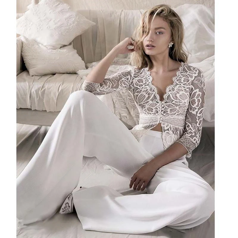 

Two Pieces Wedding Gowns Pants Suit For Bride Women 2022 Deep V Neck Lace Jacket Beach Boho Wedding Jumpsuit Custom Made