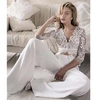 two pieces wedding gowns pants suit for bride women 2022 deep v neck lace jacket beach boho wedding jumpsuit custom made