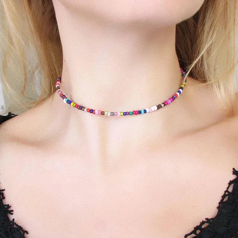 

Bohemia Colorful Rice Beads Choker Necklace Handmade Seed Bead Minimalist Seaside Beach Beaded Short Necklace For Women Jewelry