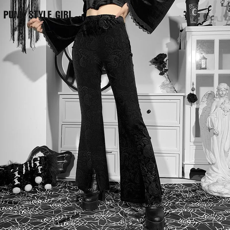

Женские широкие брюки Goth Mall, черные винтажные замшевые брюки-клеш с разрезом и высокой талией, элегантные бархатные сексуальные лоскутные б...