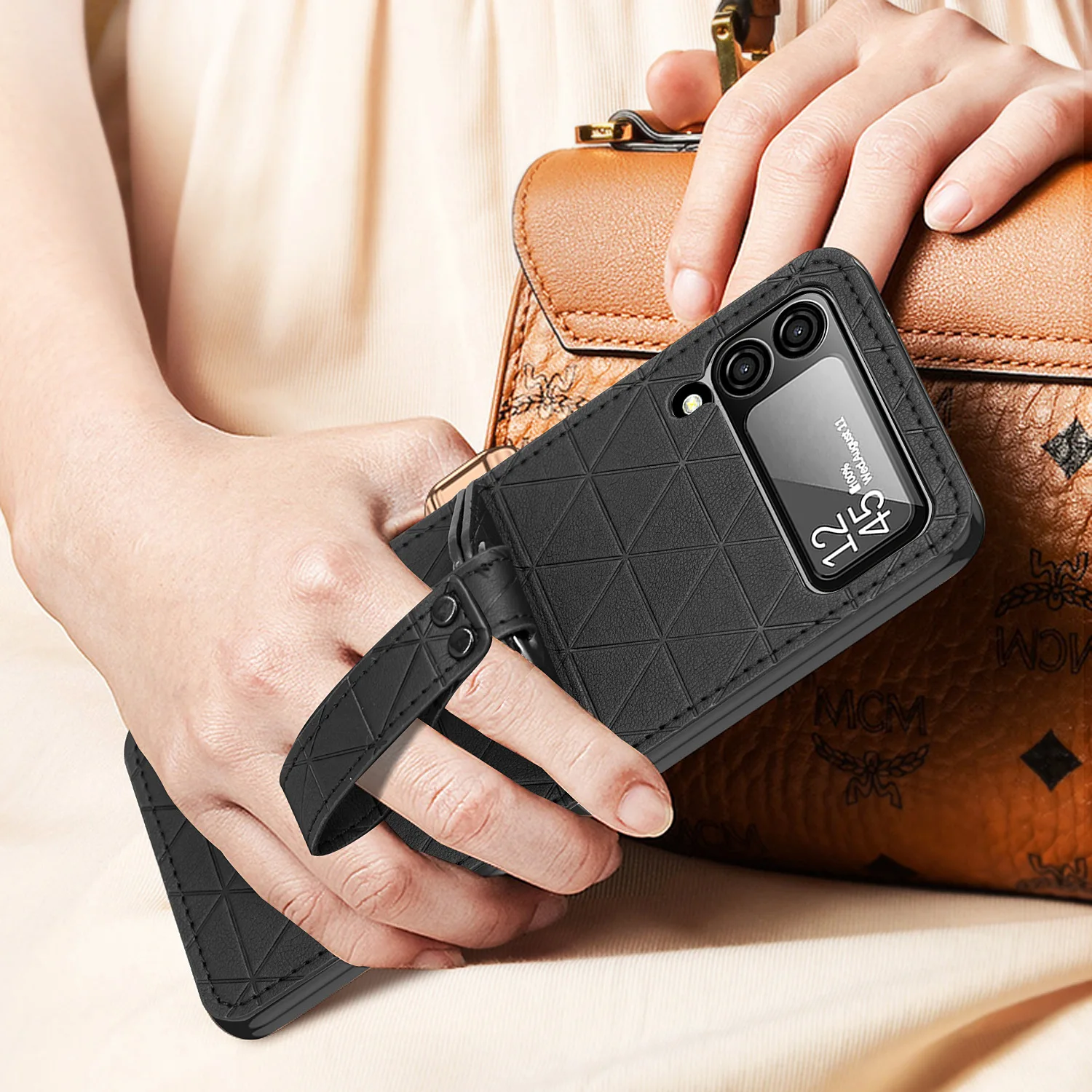 For Samsung Galaxy Z Flip 4 3 5G Case Electroplated Plain Leather Finger Bracket Handbag Folding Shockproof Back Cover Accessory