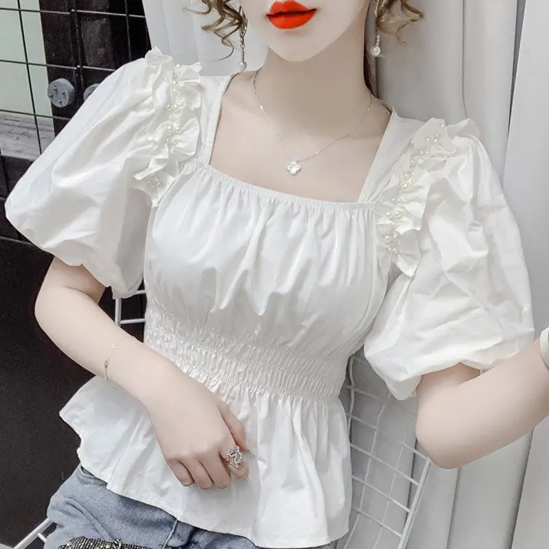 

Fashion Square Collar Beading Ruffles Oversized Shirring Puff Sleeve Blouse Loose Casual Tops Sweet Women Clothing Commute Shirt