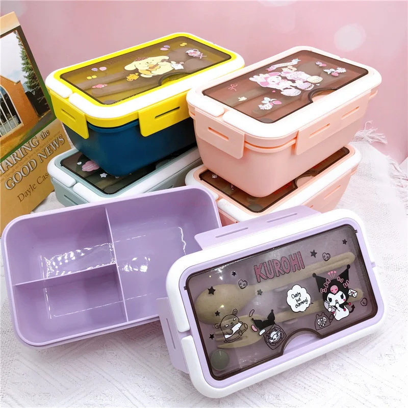 

Sanrio Cartoon Three Compartment Lunch Box My Melody Kuromi Hello Kitty Portable Lunch Box Student Compartment With Tableware