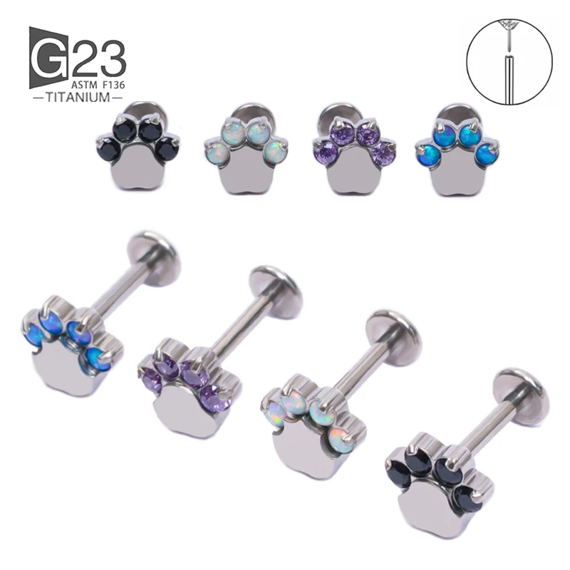 

100% G23 Titanium Cat paw Zircon Shape Top Labret Lip Stud PIERC Ear Cartilage Tragus Helix Piercing ear studs Jewelry Wholesale