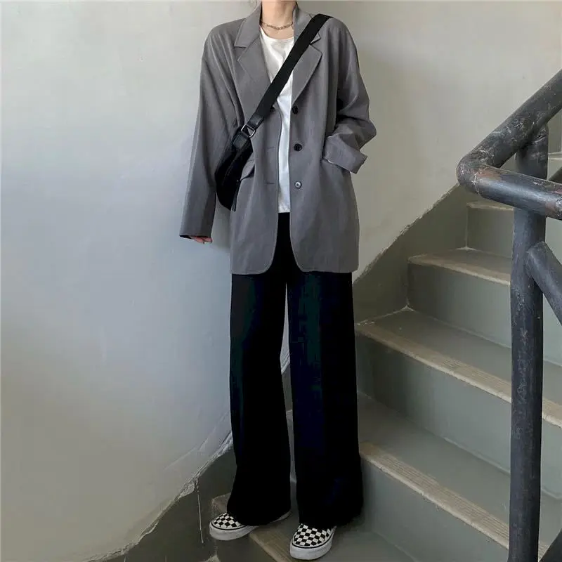 

Женские комплекты, весенне-осенние свободные серые блейзеры для отдыха из двух предметов, женская верхняя одежда в Корейском стиле, черные ...