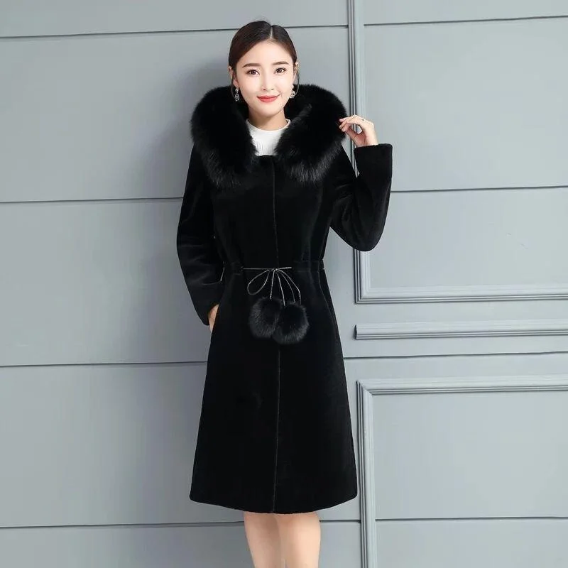 Faux Fur Coat Women Hooded Mink Cashmere Slim Fit Plus Size Solid Long Sleeve Thick Warm Single Breasted Fur Coat