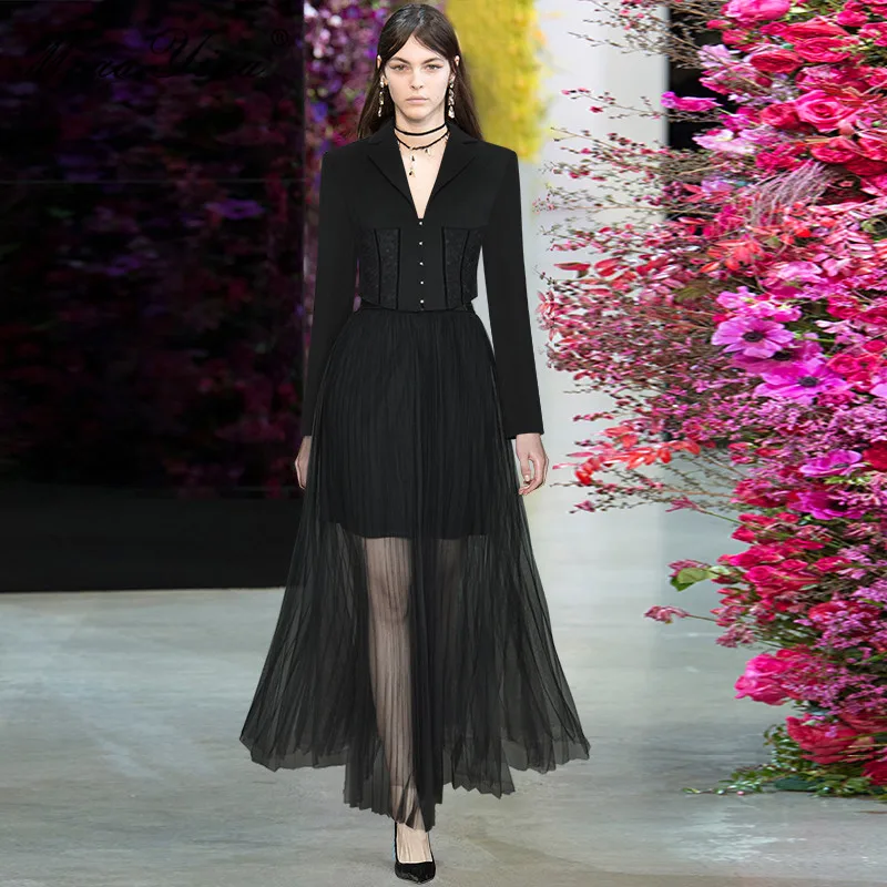 

Модный дизайнерский Весенний костюм с плиссированной юбкой, Женский облегающий Топ с длинным рукавом и черная сетчатая длинная юбка, компл...