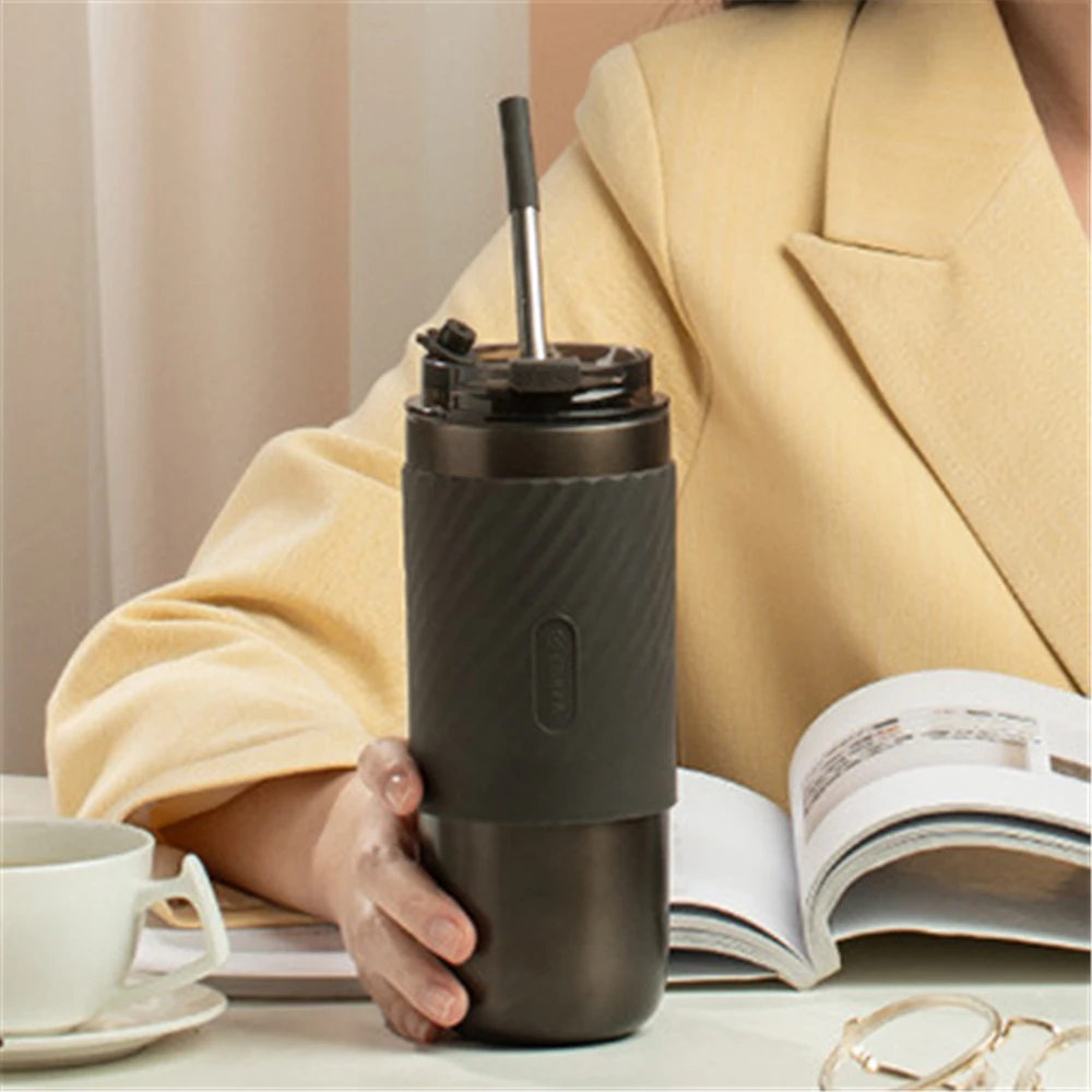 

520ML Coffee Cup Built-in Filter Cup for Coffee Tea Milk Outdoor Travel Portable Leak-proof Cup with Straw Double Lid Design