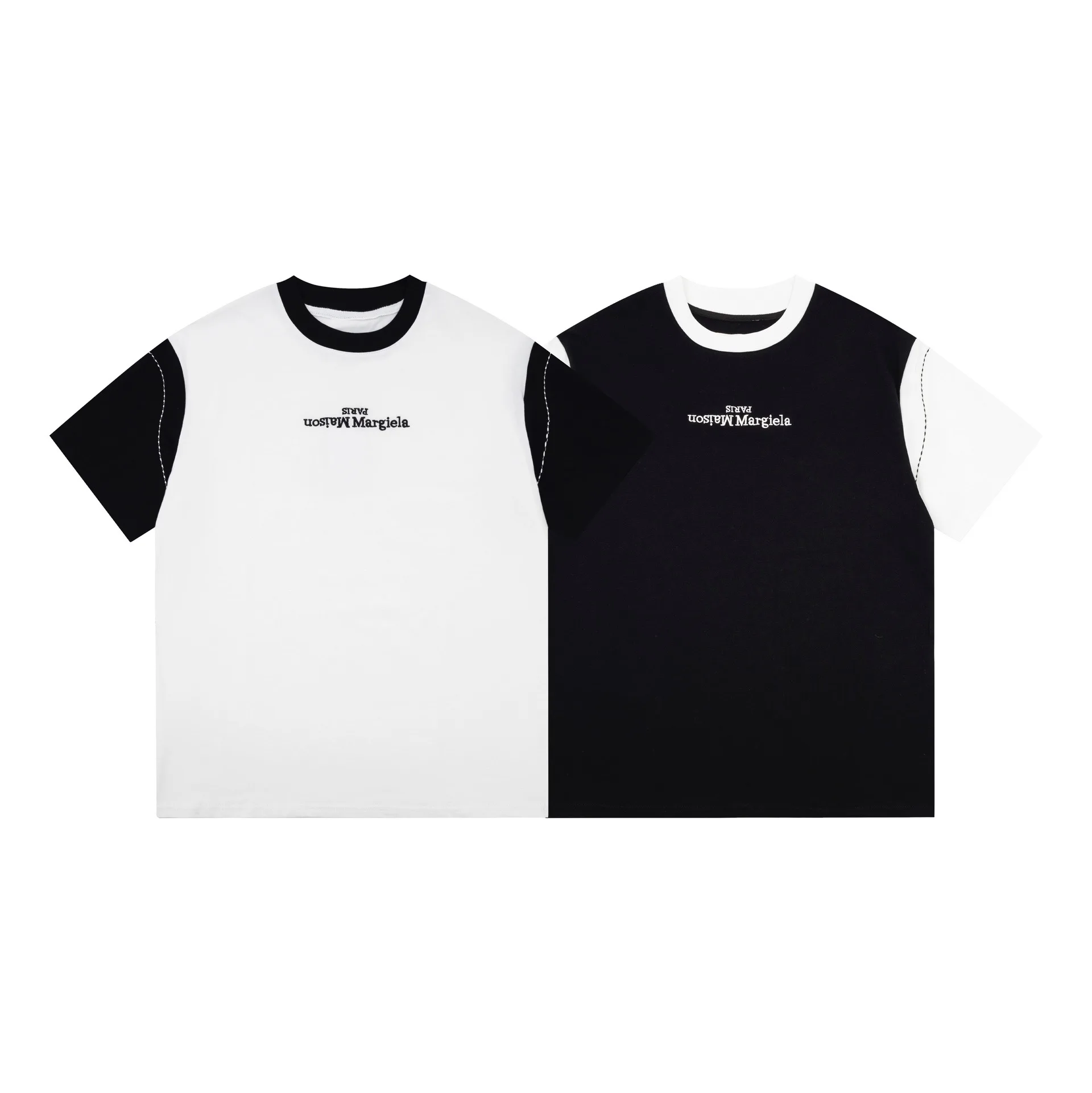 

margiela spring and summer new unisex 100% cotton t-shirt splicing color embroidery MM6 oversized men and women couple models