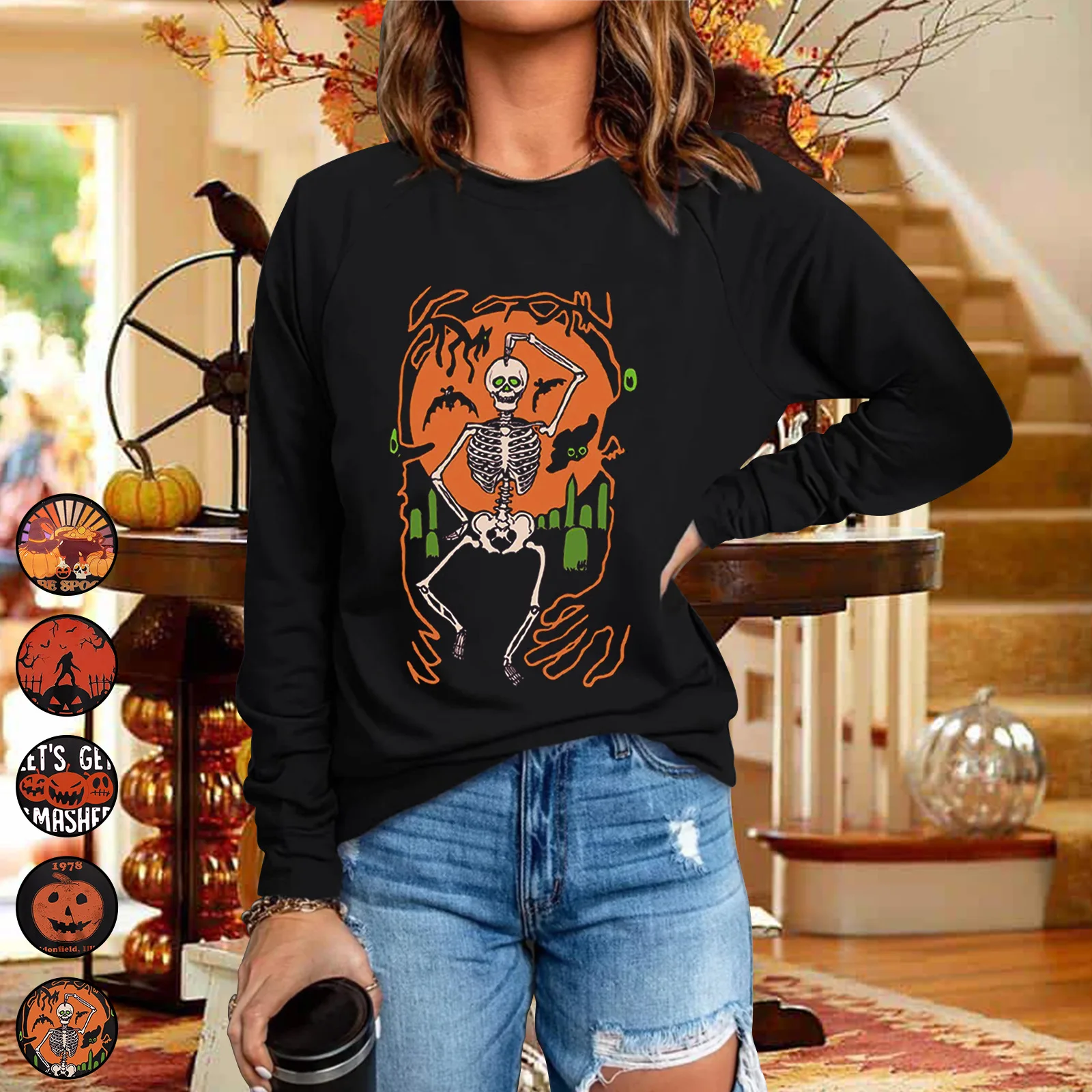 2022 Hot Sale Autumn Halloween New Women's Round Neck Loose Long Sleeve Top T-shirt Women Clothing