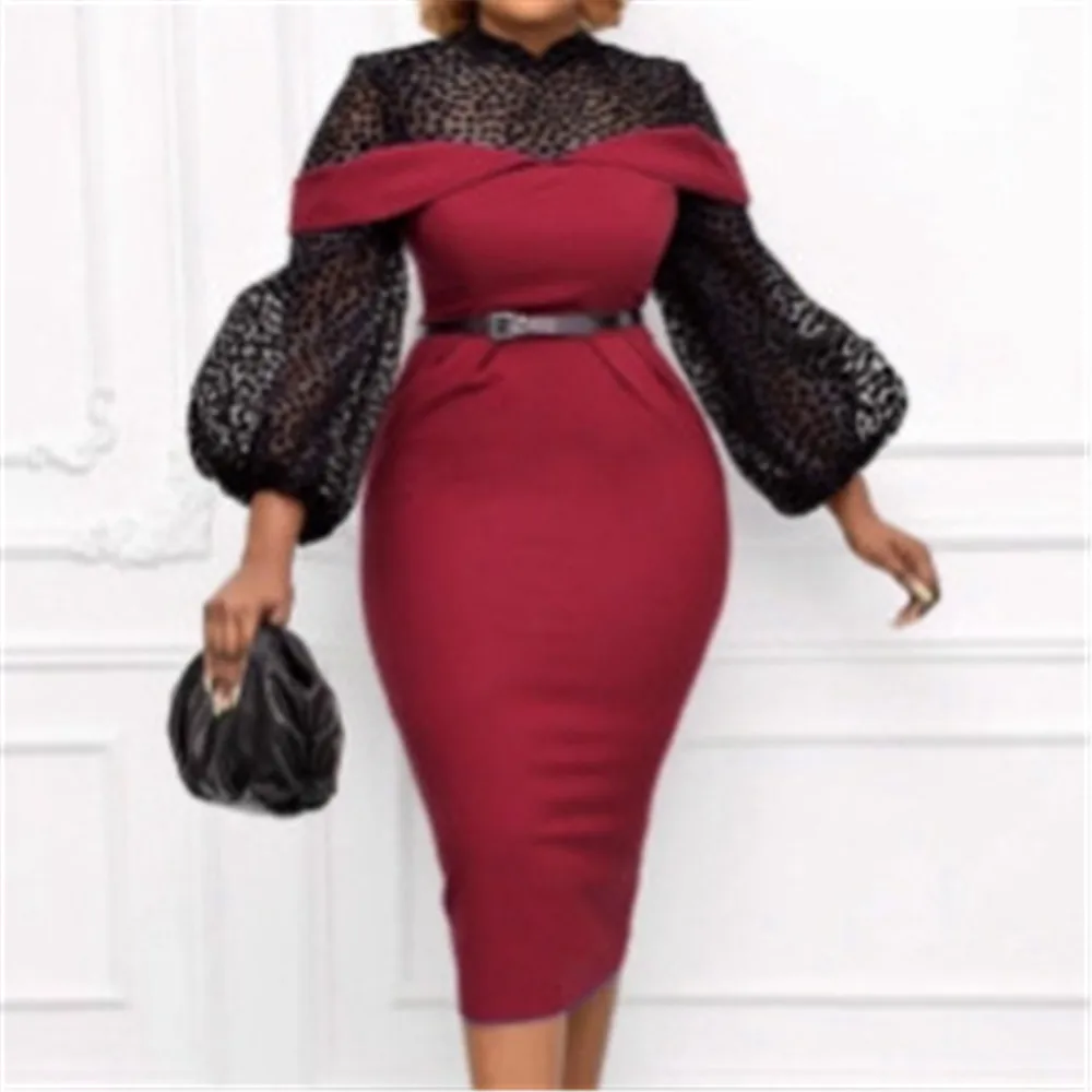 

Women's Dress Autumn Spring New Fashion Polka Dot Lace Solid Color Fake Two Piece Lantern Sleeve High Waist Dress African Office