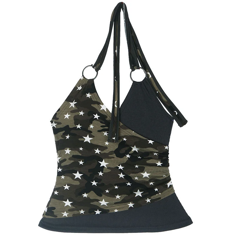

Y2k Clothes Harajuku American Style Top Halter Bandage Sleeveless Vest Tees Fake Two Piece Patchwork Star Print Women T-shirts