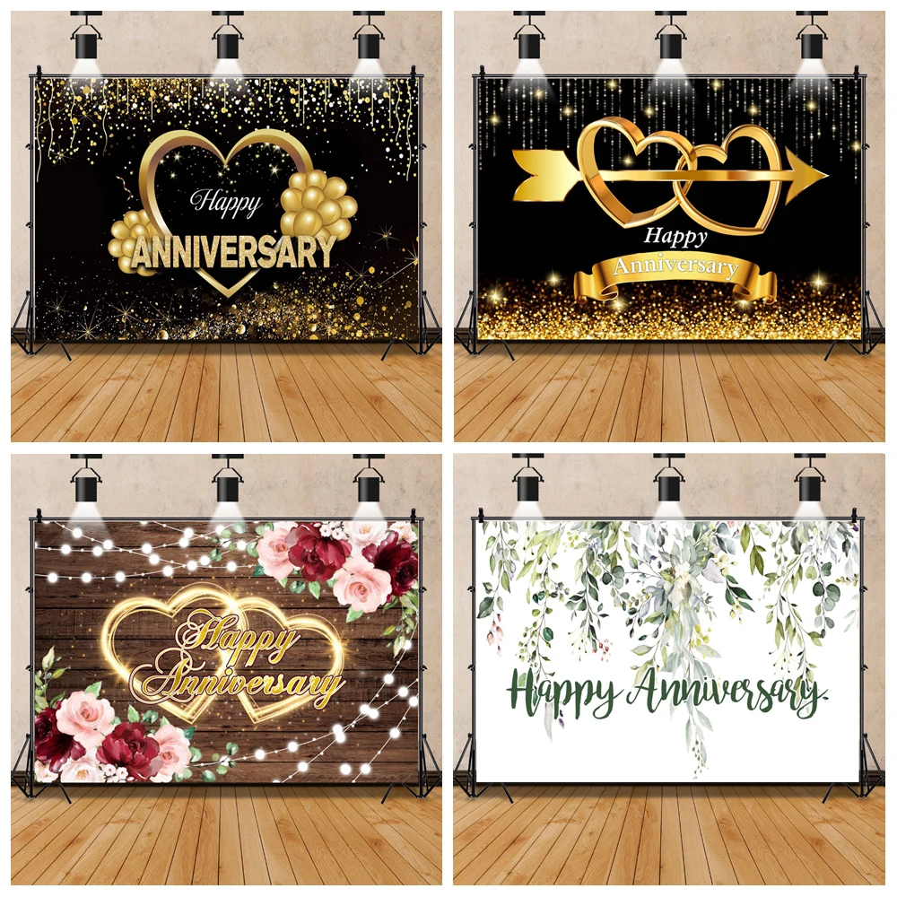 Laeacco Happy Anniversary Wedding Birthday Party Backdrop For Photography Love Heart Gold Balloon Glitter Dots Photo Background