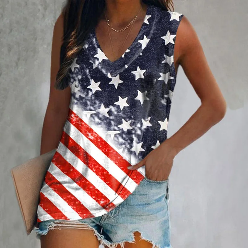 

Summer USA American Flag 3D Print Tank Tops Streetwear Women's Oversized V-neck Y2k Vest Off Shoulder Sleeveless Woman Camisole