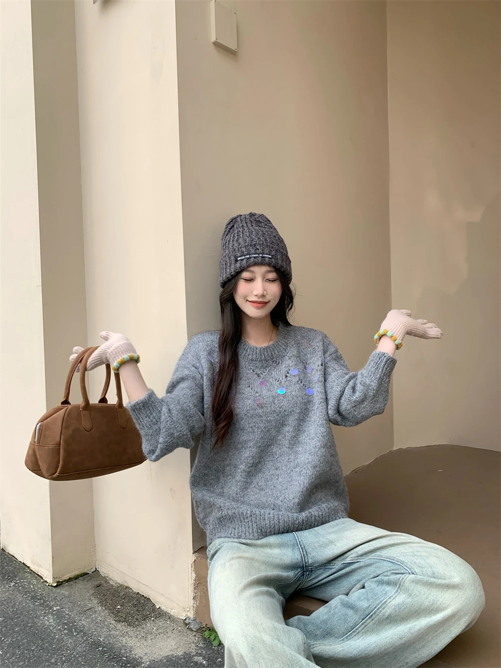 Большие размеры нежный корейский свободный утягивающий вязаный топ для полных